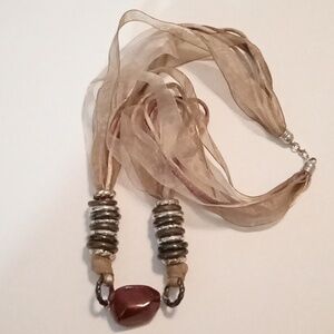 #887.  Beige Chiffon Multi Layer Ribbon And Faux Red Stone Acrylic Necklace
